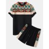 Mens Ethnic Geometric Pattern Stitching Crew Neck Two Pieces Outfits