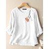 Flower Embroidery Crew Neck 3/4 Sleeve Casual Blouse