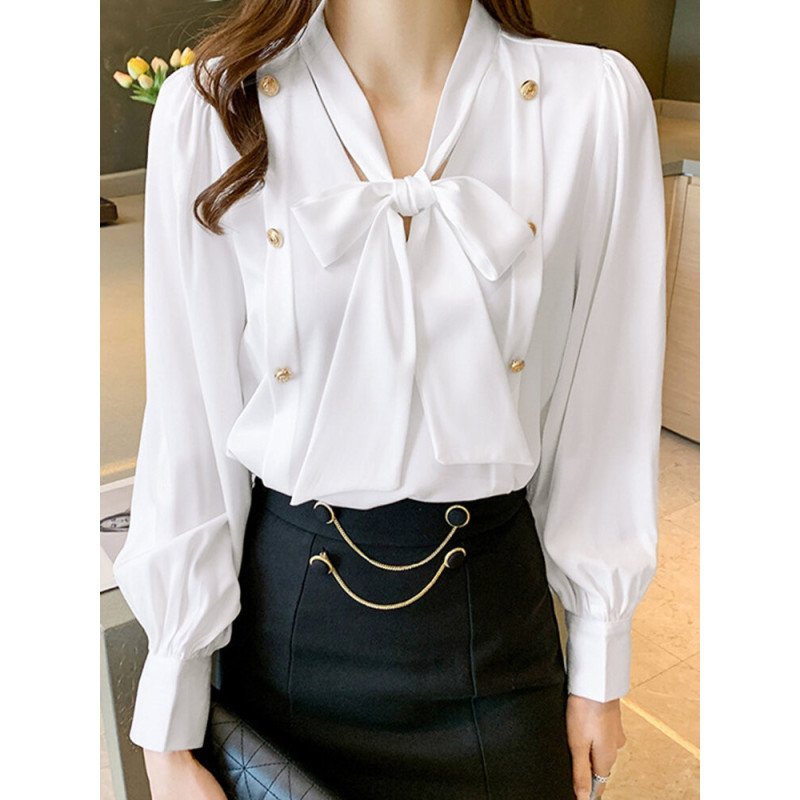 Solid Tie Neck Long Sleeve Blouse For Women