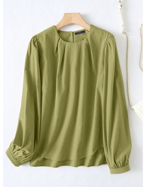 Solid Fold Keyhole Back Long Sleeve Crew Neck Blouse