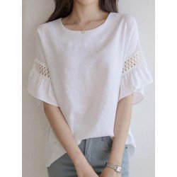 Women Hollow Stitch Ruffle Sleeve Crew Neck Blouse