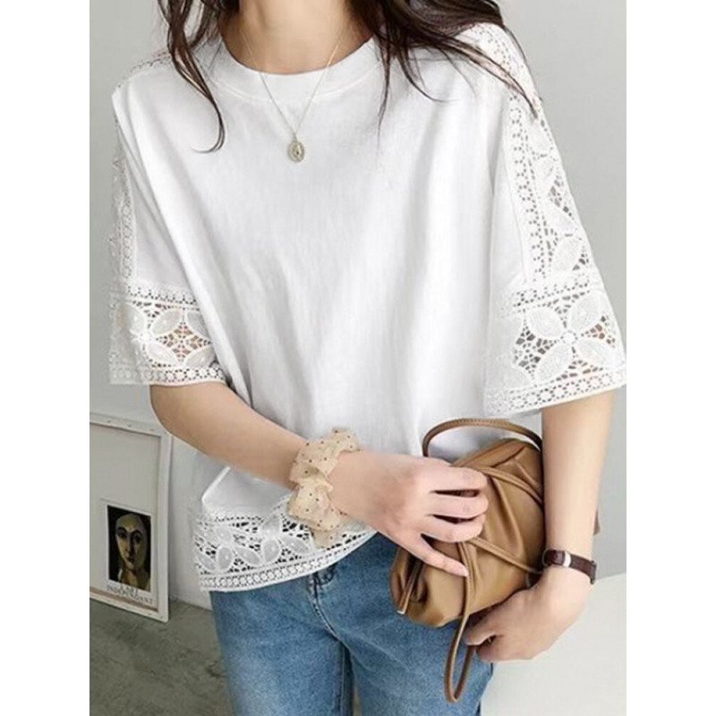 Lace Hollow Stitch Half Sleeve Crew Neck Loose Blouse