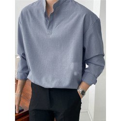 Mens Solid Stand Collar Long Sleeve Henley Shirt