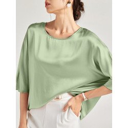 Solid Loose Dolman Sleeve Satin Crew Neck Women Blouse