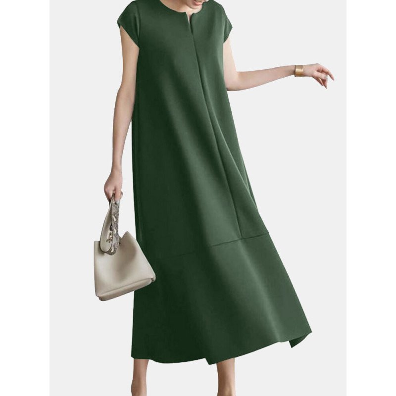 Women Solid Short Sleeve Casual Crew Neck Dress