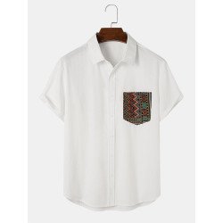Mens Ethnic Geometric Pattern Chest Pocket Cotton Short Sleeve Shirts