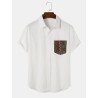 Mens Ethnic Geometric Pattern Chest Pocket Cotton Short Sleeve Shirts