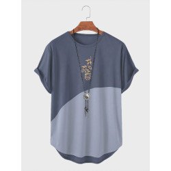 Mens Rose Embroidered Contrast Patchwork Curved Hem Short Sleeve T-Shirts