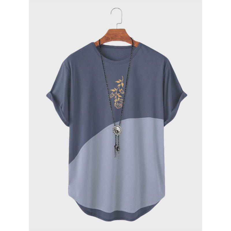 Mens Rose Embroidered Contrast Patchwork Curved Hem Short Sleeve T-Shirts