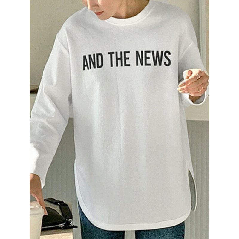 Letters Print Slit Hem Long Sleeve Crew Neck Sweatshirt