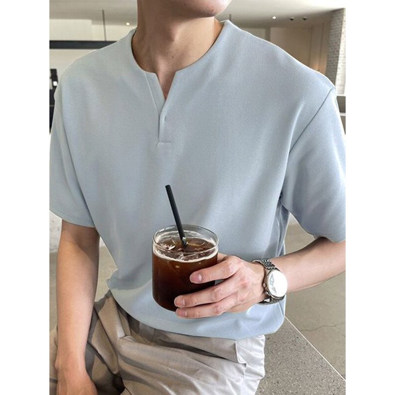 Mens Solid V-Neck Casual Short Sleeve T-Shirt