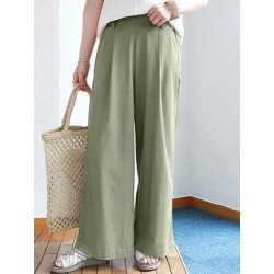 Solid Elastic Waist Back Pocket Wide Leg Casual Pants