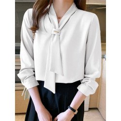 Solid V-neck Long Sleeve Blouse For Women