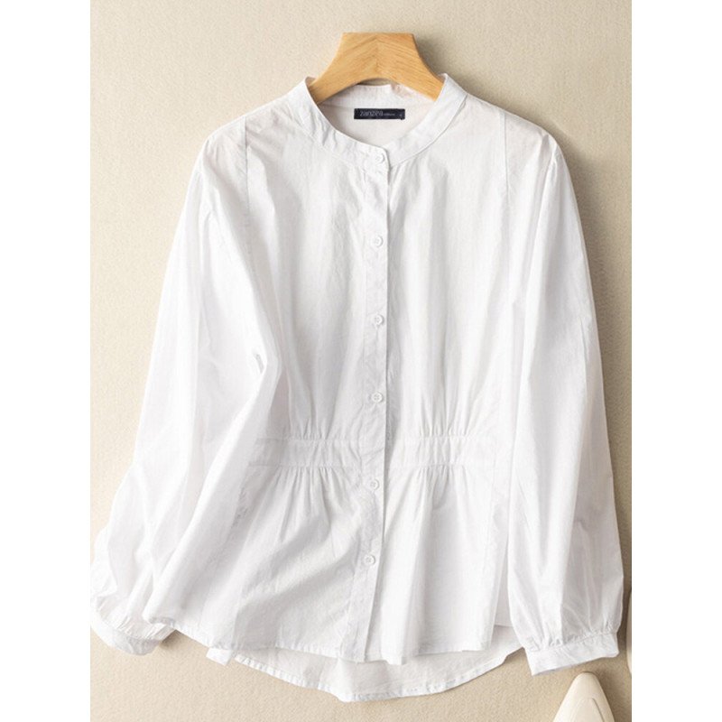 Solid Stand Collar Button Front Long Sleeve Blouse