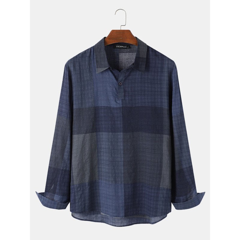 Plus Size Mens Plaid Casual Cotton Long Sleeve Golf Shirts