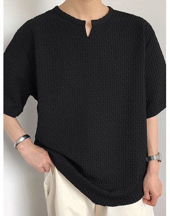 Men V-neck Half-sleeve Solid Color T-Shirt