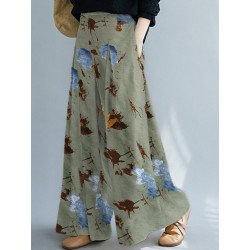 Plants Print Pocket Wide Leg Elastic Waist Loose Pants Women