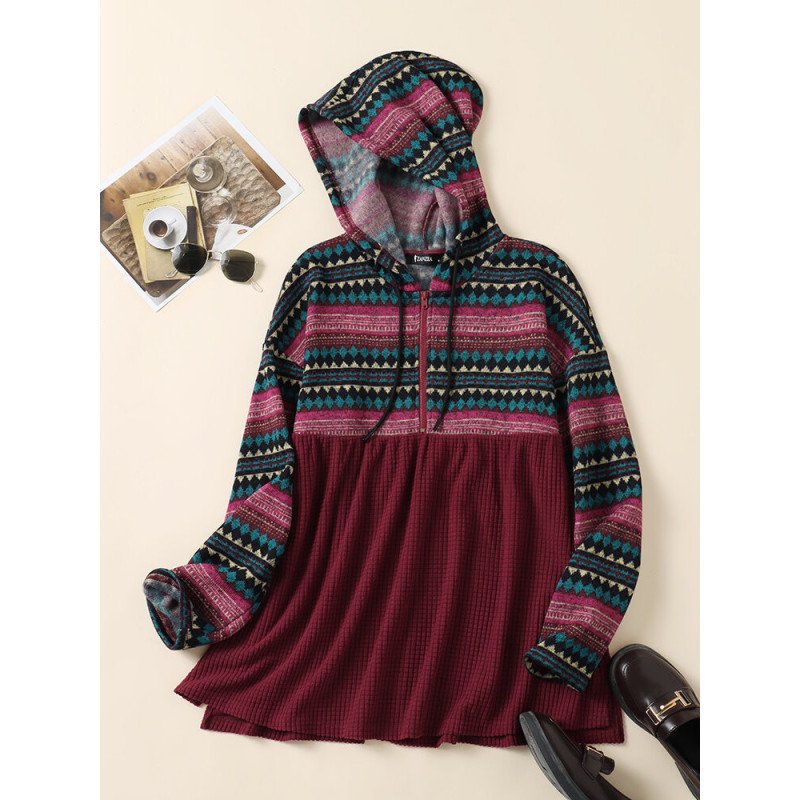Geo Pattern Zip Front Drawstring Long Sleeve Hoodie