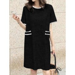 Contrast Color Pocket Short Sleeve Midi Casual Dress