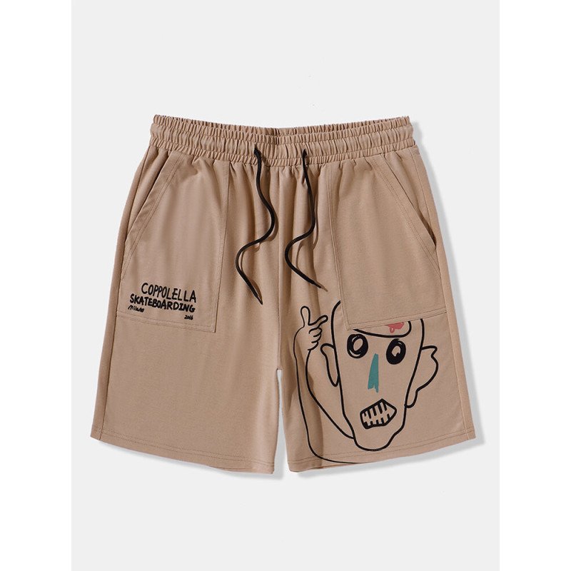 Mens Abstract Figure Letter Print Drawstring Waist Shorts