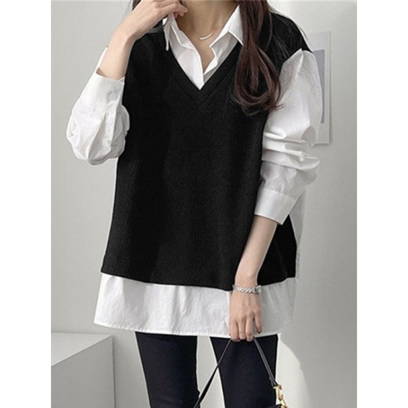 Contrast Patchwork Lapel Fake Two Pieces Sweatshirt