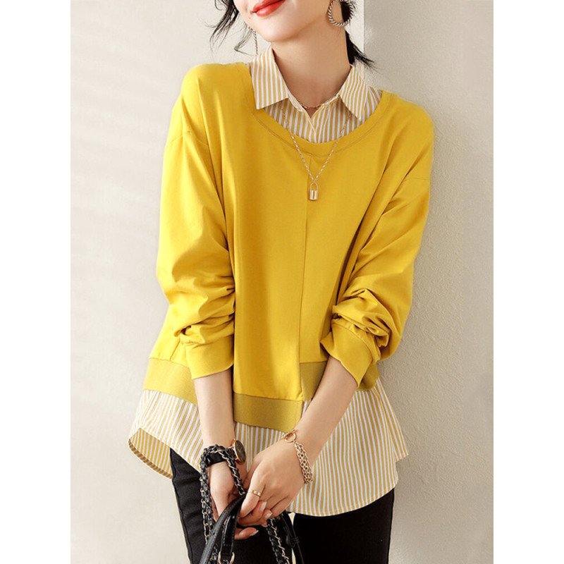 Striped Panel Long Sleeve Lapel Fake Two Pieces Blouse