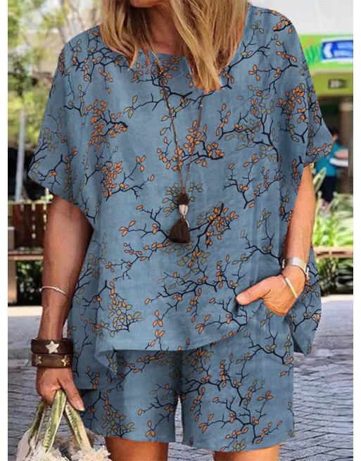 Allover Plants Print Pocket Short Sleeve Two Pieces Suit