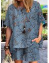 Allover Plants Print Pocket Short Sleeve Two Pieces Suit