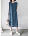Solid Dual Pocket Slit Hem Sleeveless Crew Neck Dress