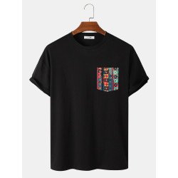 Mens Colorful Geo Print Patched Pocket Loose Short Sleeve T-Shirts