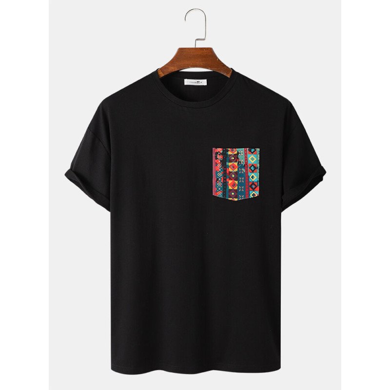 Mens Colorful Geo Print Patched Pocket Loose Short Sleeve T-Shirts