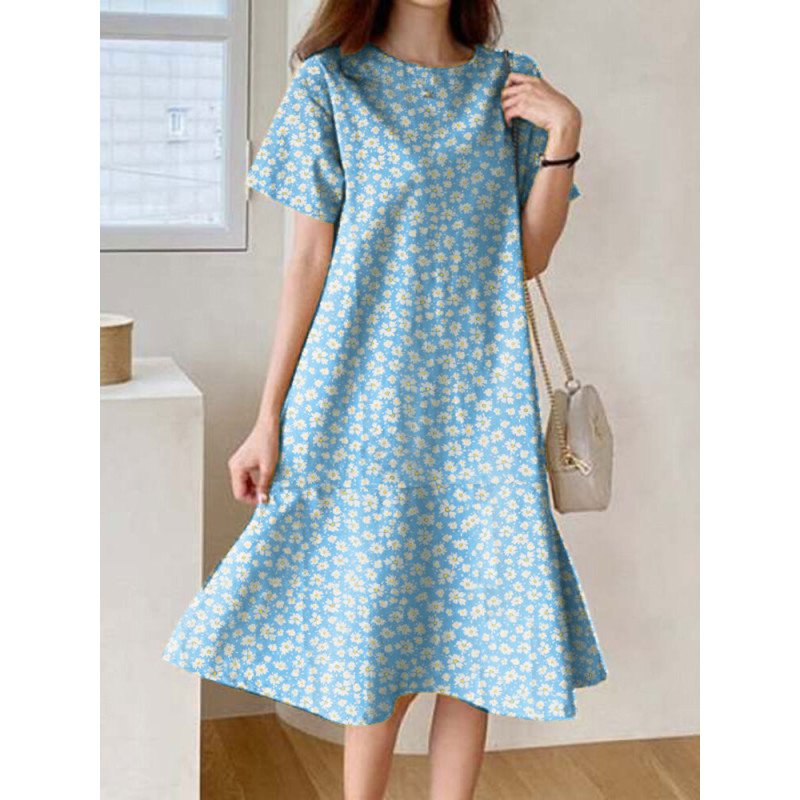 Allover Floral Print Ruffle Hem Short Sleeve Crew Neck Dress