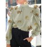 Cartoon Animal Print Bowknot Back Puff Long Sleeve Blouse