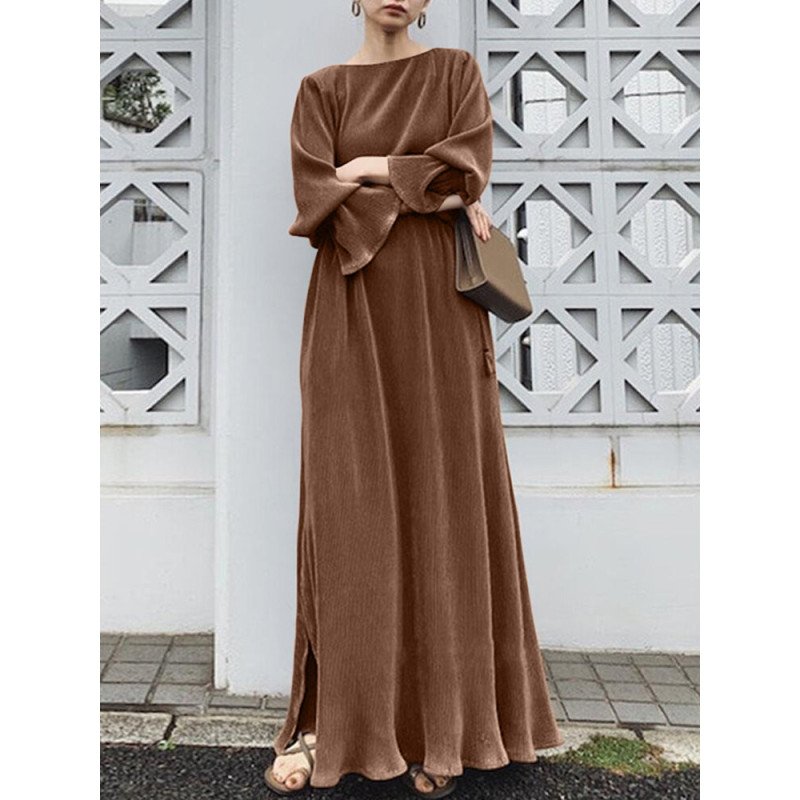Solid Tassel Split Long Sleeve Round Neck Casual Maxi Dress