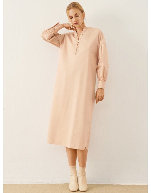 Solid Slit Hem Button Front Long Sleeve Stand Collar Dress