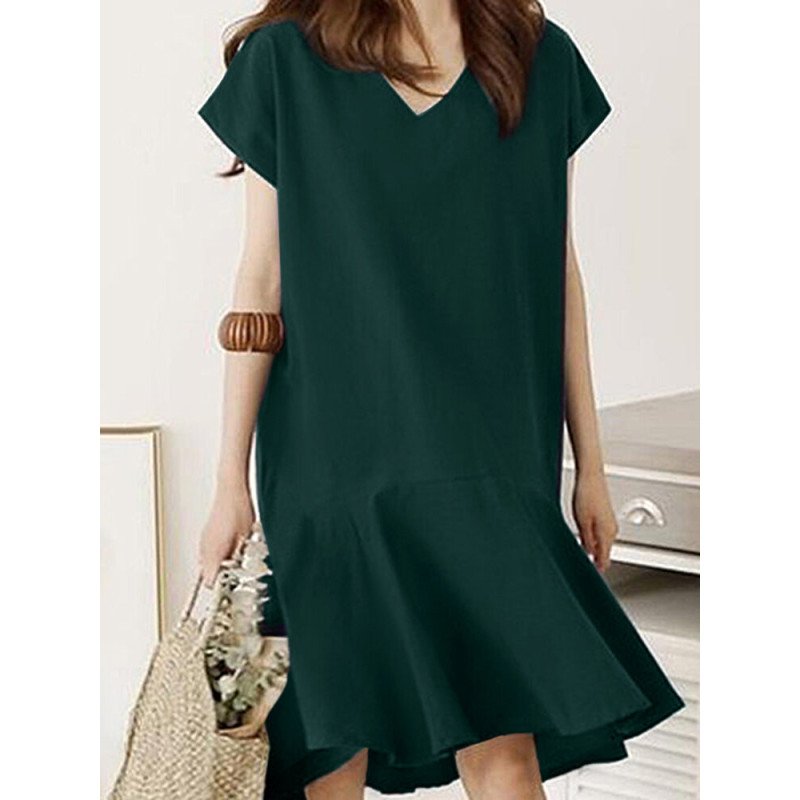 Solid Ruffle V Neck Short Sleeve Casual Midi Dress