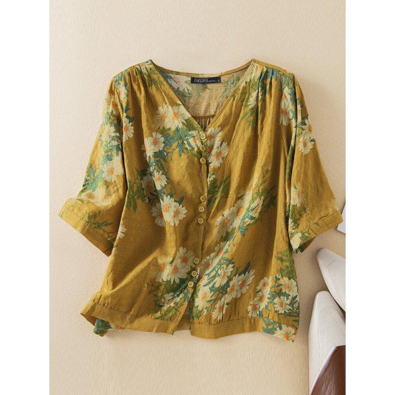 Women Floral Print V-Neck Button Design Half Sleeve Blouse