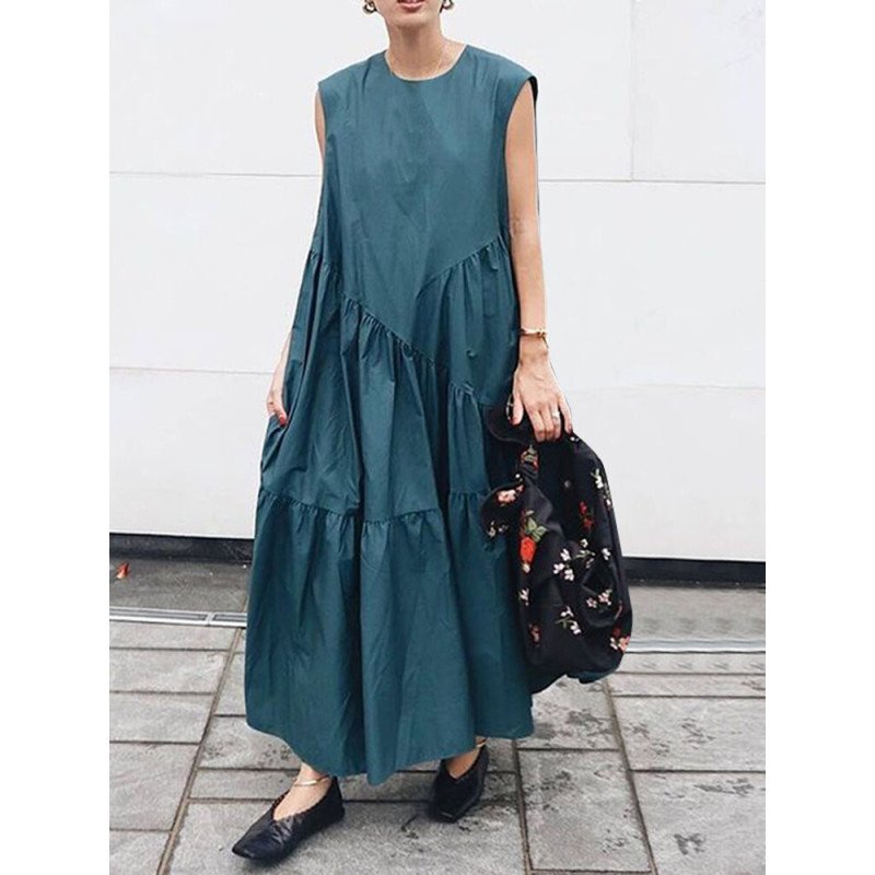 Solid Seam Detail Crew Neck Casual Sleeveless Maxi Dress