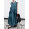 Solid Seam Detail Crew Neck Casual Sleeveless Maxi Dress