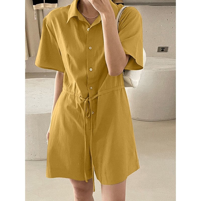 Solid Pocket Drawstring Waist Button Lapel Short Sleeve Romper
