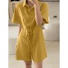 Solid Pocket Drawstring Waist Button Lapel Short Sleeve Romper