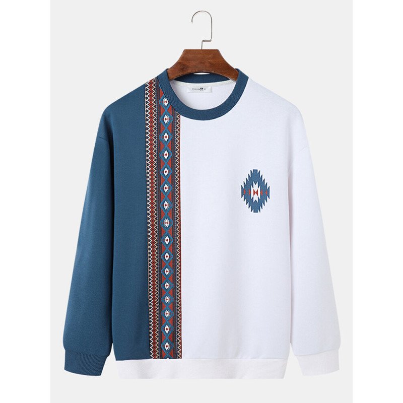 Mens Vintage Ethnic Geometric Print Patchwork Pullover Sweatshirts