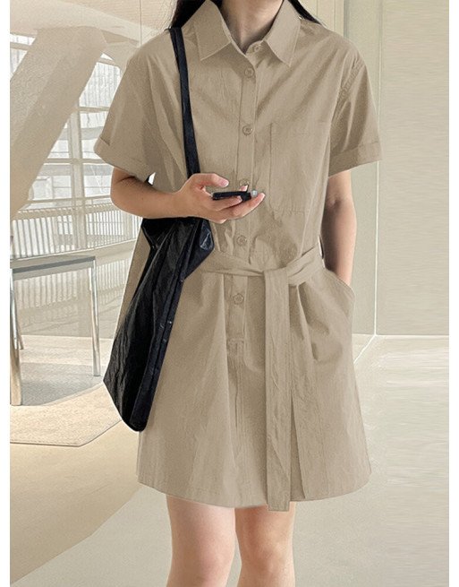 Solid Button Front Pocket Cargo Shirt Dress With Belt