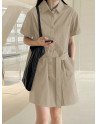 Solid Button Front Pocket Cargo Shirt Dress With Belt