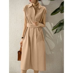 Solid Lapel Short Sleeve Casual Dress With Belt