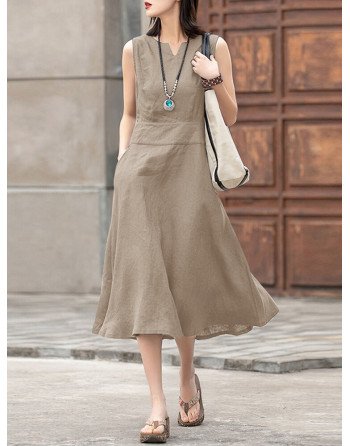 Solid Sleeveless Pocket Crew Neck Casual Dress