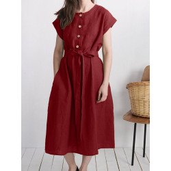 Solid Pocket Button Front Short Sleeve Dress With Belt