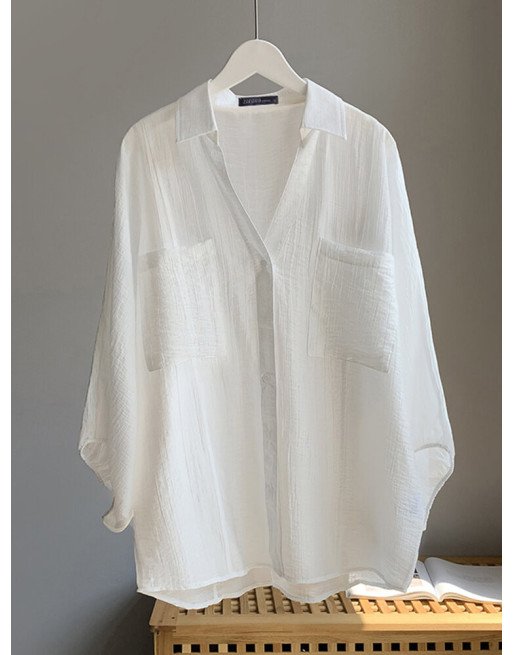 Solid Button Front Loose Lapel 3/4 Sleeve Shirt