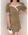 Contrast Puff Sleeve Slit Hem Pleated Dress For Women