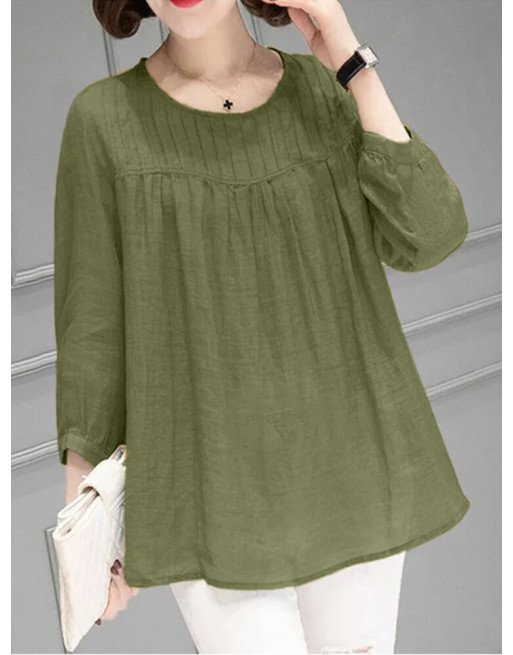 Solid Pleated 3/4 Sleeve Crew Neck Casual Blouse